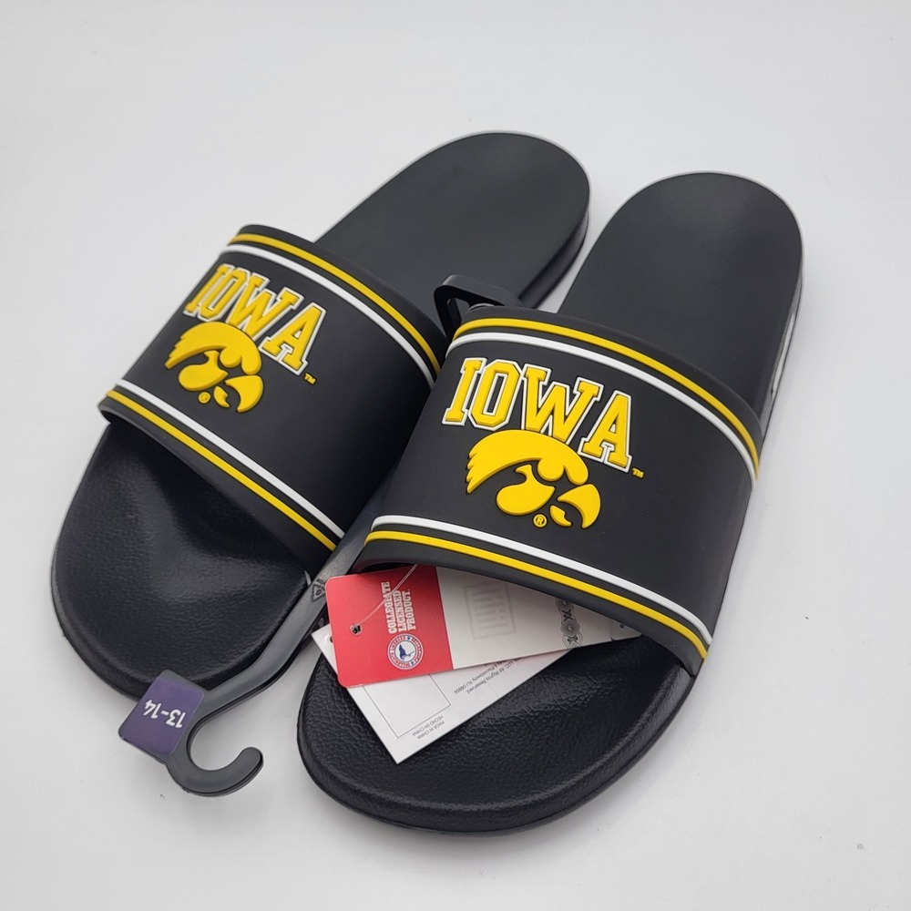 Iowa Hawkeyes Molded Slides FOCO Men's XL 13-14 Black Wordmark Stripes